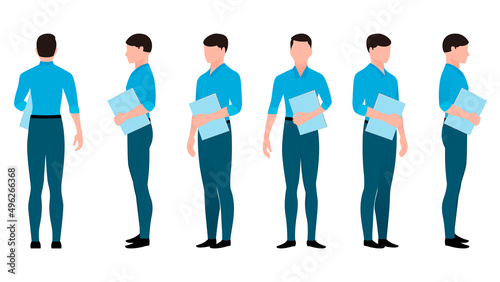 man with office document flat character vector illustration created from different angles. man with office documents flat character vector set.