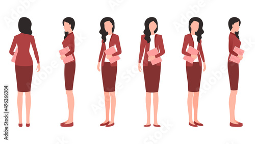 woman with office document flat character vector illustration created from different angles. women with office documents flat character vector set.