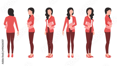 woman with office document flat character vector illustration created from different angles. women with office documents flat character vector set. photo