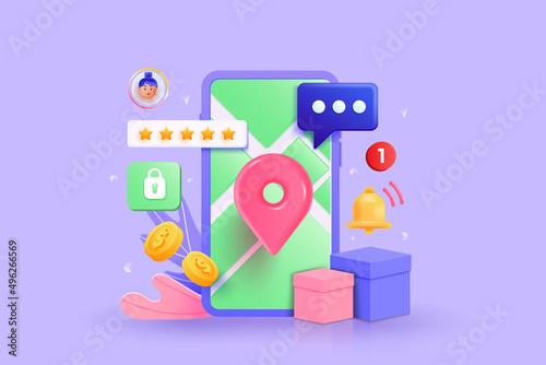 Online delivery phone 3d concept. Fast respond delivery package shipping on mobile. Online order tracking with map. Vector 3d illustration