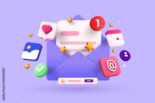 Open Email envelope icon with document. Newsletter 3d concept. Vector 3d illustration