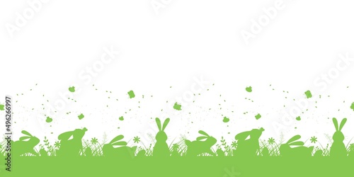 Seamless green horizontal pattern with Easter bunnies and eggs on white background. For textiles, wallpaper, wrapping paper, window decoration, banners. Vector pattern.