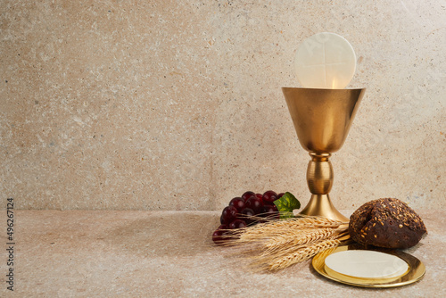 Easter Communion Still life with chalice of wine and bread