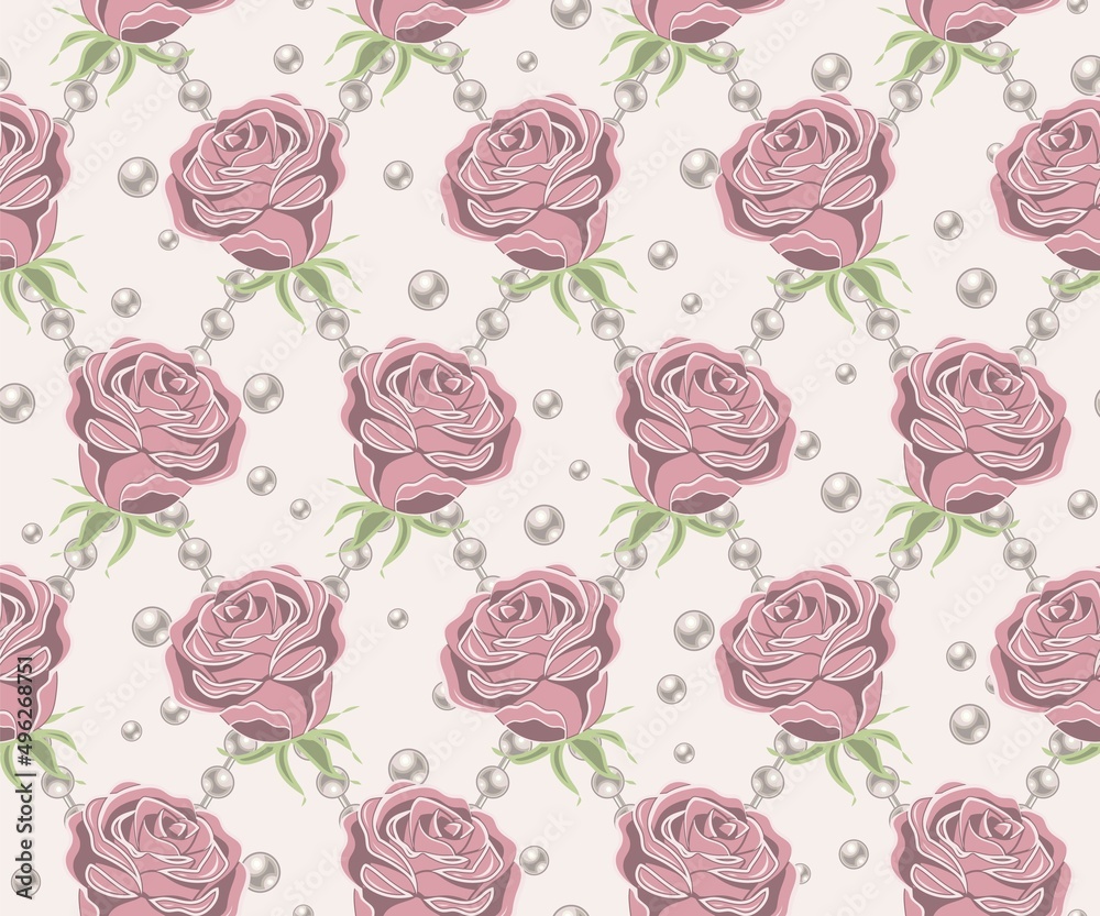 Seamless pattern with pale pink vintage roses, pearl strings, pearls beads in rhombic grid on white background. Vector illustration.