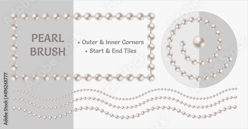 Pattern brushes with white pearl beads. Chain brush with corners, end and start tiles. Classic pastel colors. Isolated on light backgrounds.