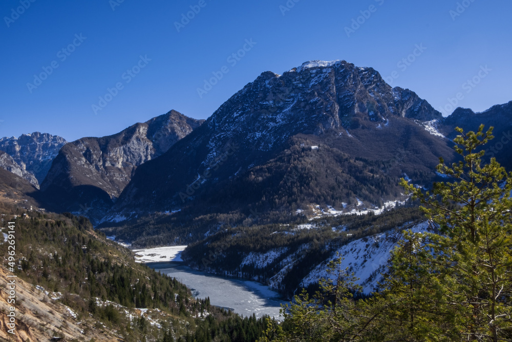 Frozen lake among mountains (Vajont Valley)
