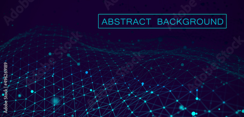 Low poly shape with connecting dots and lines on blue background. Abstract polygonal space, dark background with connecting dots and lines. 3d rendering. Big data visualization.