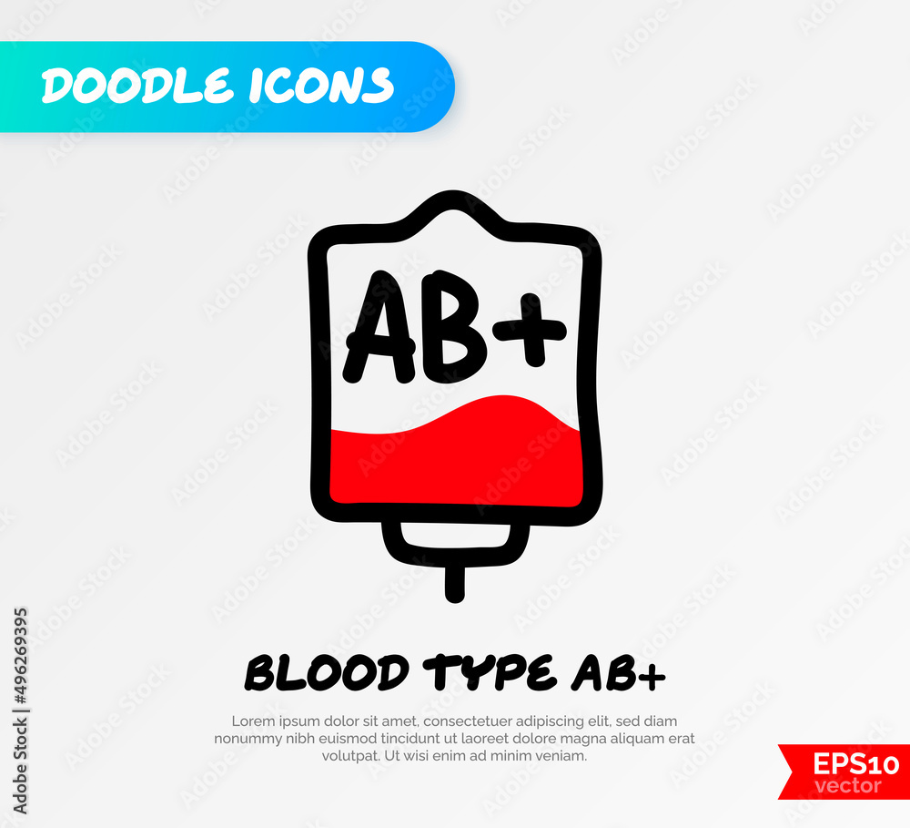 Blood bag with plasma. Doodle thin line icon. Blood donation. Blood type AB+. Vector illustration. Blood bag with plasma. Doodle thin line icon. Blood donation. Blood type AB+. Vector illustration.