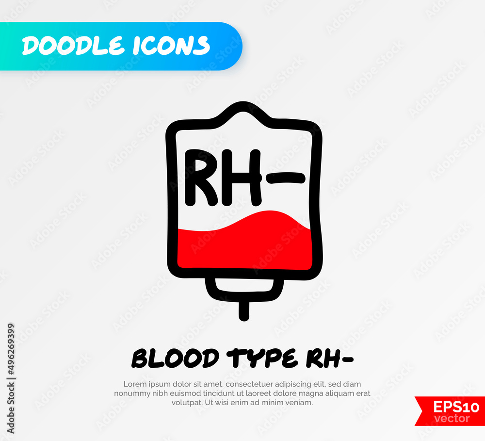 Blood bag with plasma. Doodle thin line icon. Blood donation. Blood type RH-. Vector illustration.