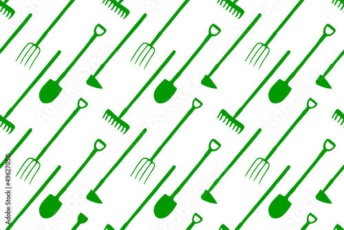 Seamless pattern with garden equipments: shovels, spades, rakes, hoes, pitchforks. Vector backgrounds and textures with tools for working on the farm, in dacha, country site in flat style