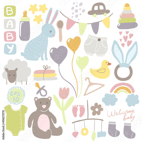 Set of cute baby objects in Scandinavian style. Cartoon doodle kids clipart for baby shower invitation card, nursery room decor, poster.