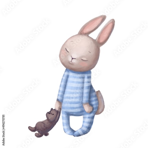cute sleepy hare in pajamas with plush bear, watercolor illustration, children's clipart with cartoon character