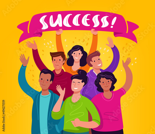 Group of people celebrating success waving their hands. Teamwork, business team concept. Illustration vector flat design