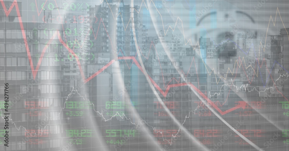 Obraz premium Composite image of financial data processing against tall buildings in background