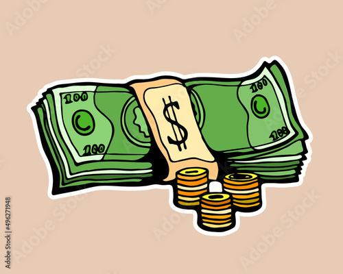 Green dollars stack vector illustration in hand drawn style. Puck of hundred dollar bills, american currency, paper cash