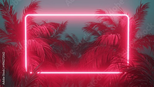 Retrowave glowing rectangle frame appears in the tropical palm tree zoom out