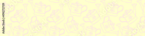 Seamless pattern with watering cans. Hand drawn outline vector background and texture in doodle style, isolated. Gardening tools for working in the garden, on the farm, in the dacha, country site