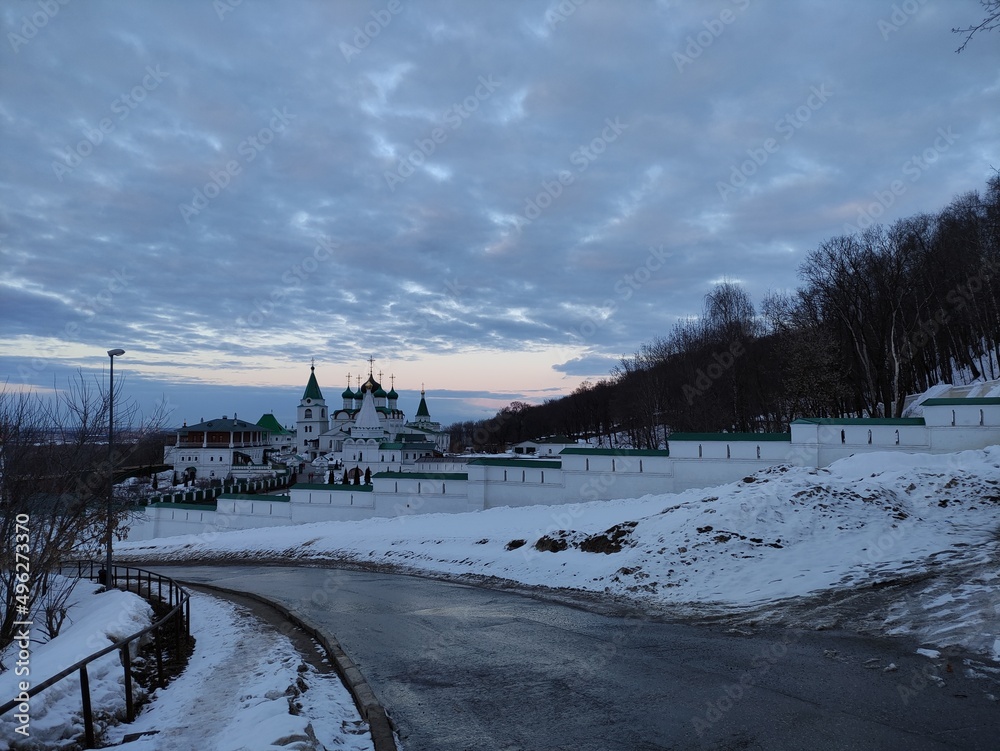 Orthodox monastery on a winter evening