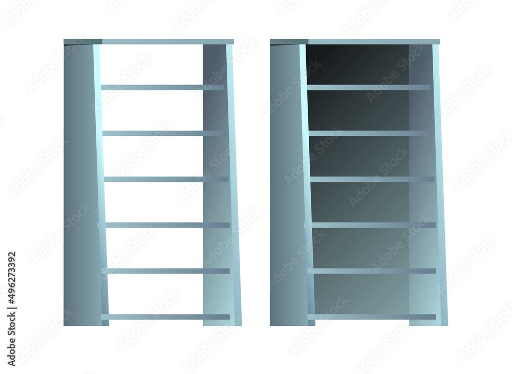 Set of shelves for room. Modern minimalist furniture design. Cartoon style. Object isolated on white background. Vector Set of shelves for room. Modern minimalist furniture design. Cartoon style. Object isolated on white background. Vector