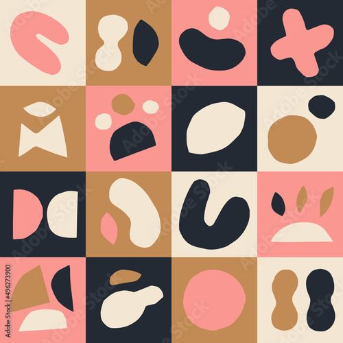 Abstract seamless pattern. Simple texture with paper cut out modern shapes and squares. Beautiful background in minimalistic style