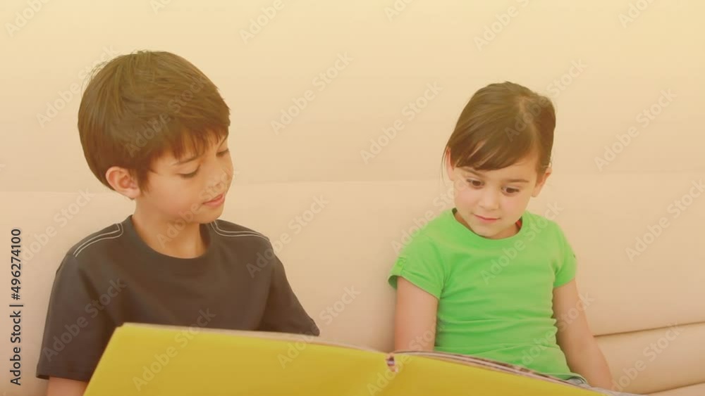 Caucasian brother reading a book to his sister at home Caucasian brother reading a book to his sister at home
