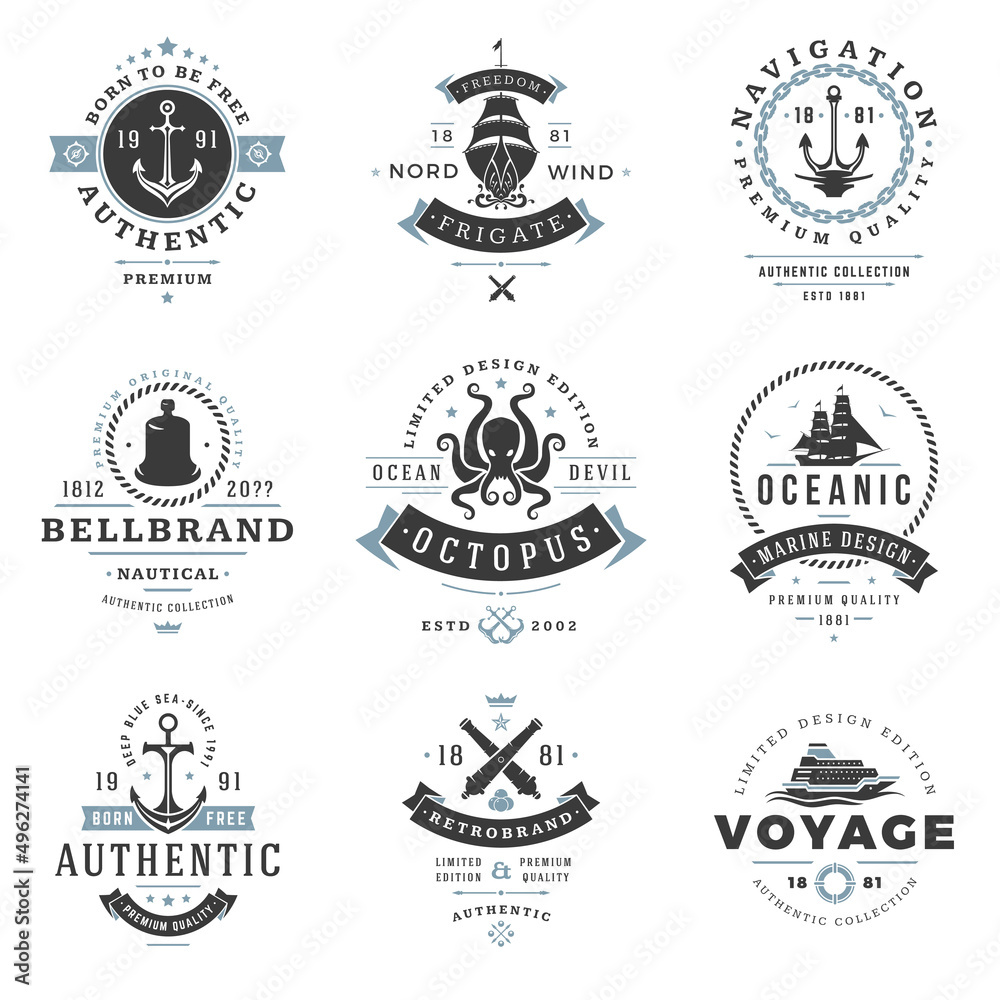 Nautical logos templates set. Vector object and icons for marine labels, sea badges, anchor logos design, emblems graphics. Ship silhouettes, anchor symbols.