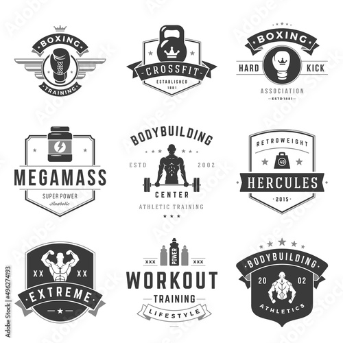 Fitness logos templates set. Vector object and icons for sport labels, gym badges, health logos design, emblems graphics. Woman and man silhouettes, exercise logos, barbell and weight symbols.