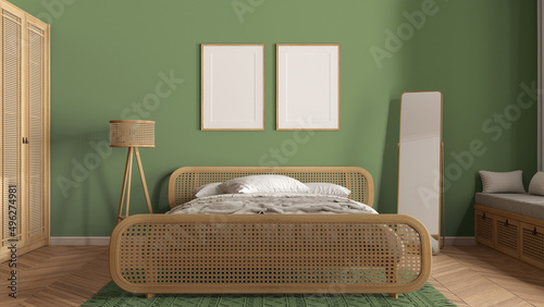 Photography Frame mockup, modern wooden bedroom with rattan furniture in green tones, double bed with duvet and pillows, carpet, mirror, lamp and decors