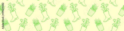 Vector seamless pattern of flower pots with decorative grass, plant, tulips in rubber rain boots. Cute spring summer texture in cartoon doodle style, isolated. Home, garden decoration theme