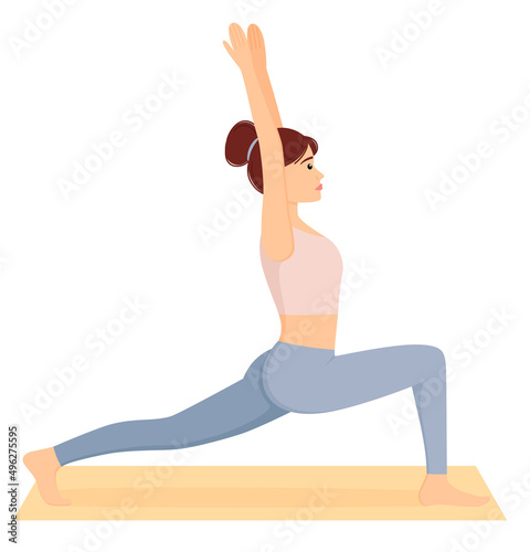 Woman standing in lunge pose. Girl doing pilates, fitness and yoga exercises on mat. Healthy lifestyle. Workout, vector illustration