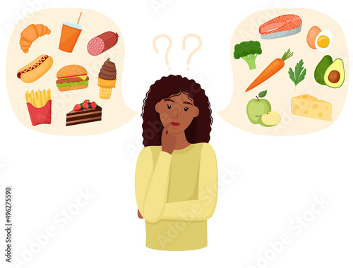 Woman choosing between healthy and unhealthy food. Fastfood vs balanced menu. Concept vector illustration