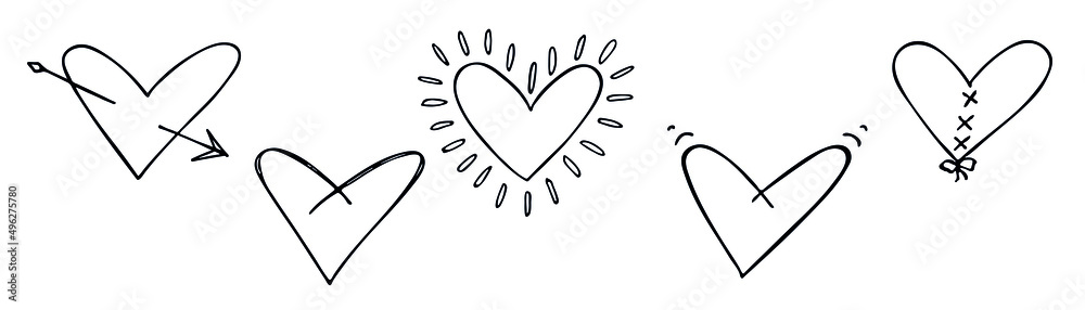 Fototapeta premium Set of simple hand drawn heart illustration isolated on a white background. Cute valentine's day heart doodle.
