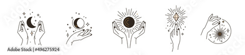 Woman hand logos with star, moon, sun and crystal in simple line flat boho style isolated on white background. Abstract minimal female symbol for beauty design. Magic astrology card illustration