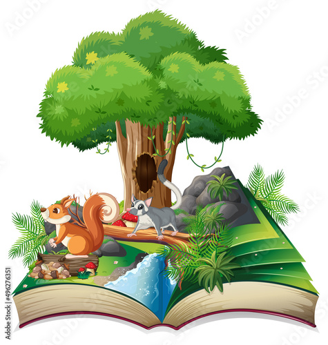 Opened fantasy book with cute animals
