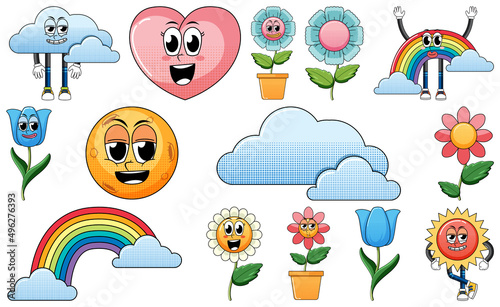 Set of facial expression with vintage style food cartoon on white background