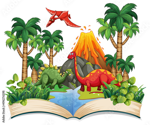 Opened book with various dinosaurs cartoon