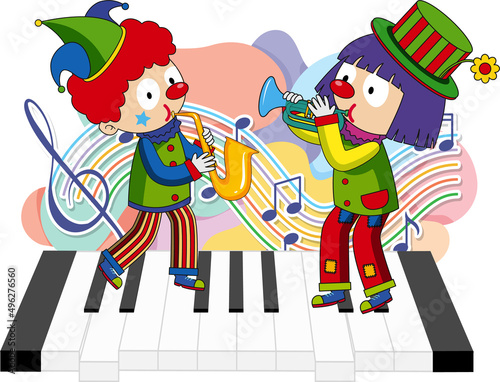 Cute clown playing music with music notes on piano