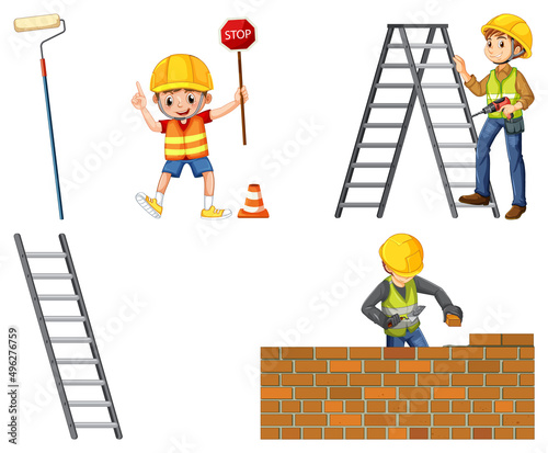 Construction worker set with men and tools