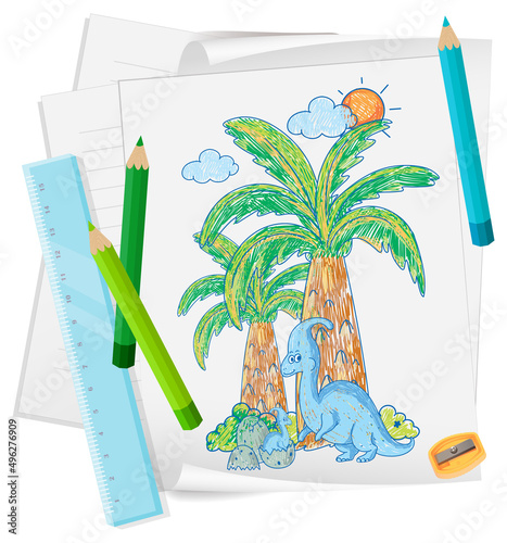 A paper with a doodle sketch design with color and colour pencils
