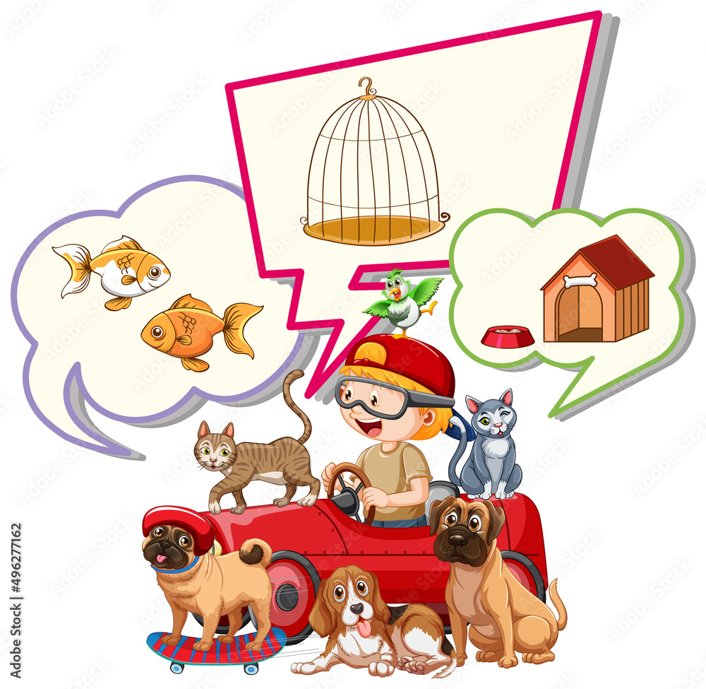 Obraz premium Little boy thinking of putting pets in houses