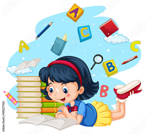 A girl read books on white background