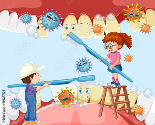 Happy kids brushing teeth decay with a toothbrush inside human mouth