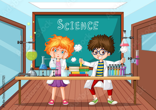Classroom scene with scientist doing experiment