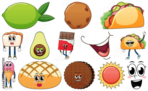 Set of facial expression with vintage style food cartoon on white background