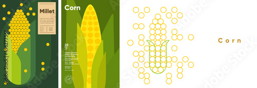 Corn. Food and natural products. Set of vector illustrations. Geometric, simple, linear style. Label, cover, price tag, background.