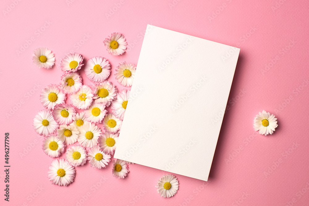 Invitation card mockup with white daisy flowers on pink