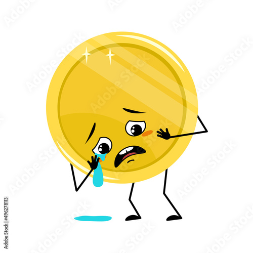 Cute golden coin character with crying and tears emotion, sad face, depressive eyes, arms and legs. Money person with melancholy expression and pose. Vector flat illustration