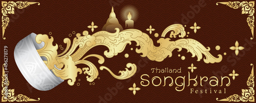 Poster of Thailand Songkran festival in traditional golden Thai pattern style with the name of event on brown background.