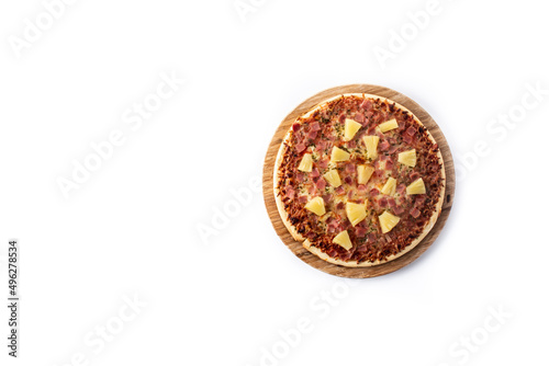 Hawaiian pizza with pineapple,ham and cheese isolated on white background.Top view. Copy space	