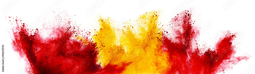 colorful spanish flag black red yellow color holi paint powder explosion isolated white background. Spain europe celebration soccer travel tourism concept